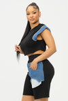 BLOCK SLEEVE TOP AND BIKER SHORTS SET